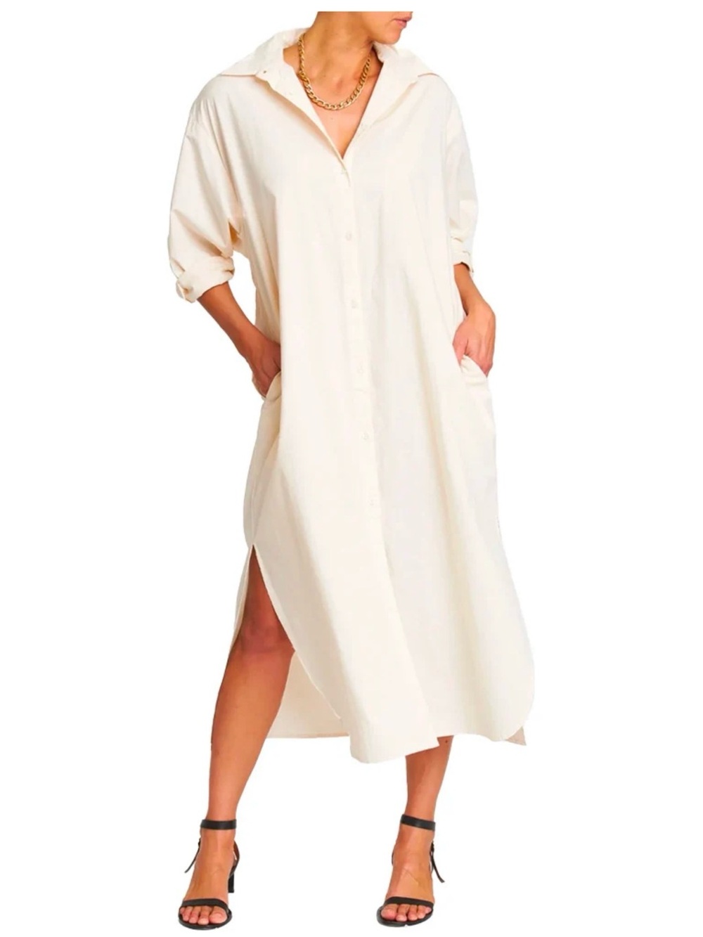 pistola Cream Button-Front Maxi Shirt Dress with Side Slits